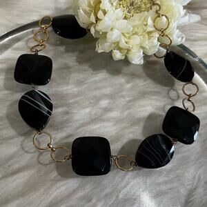 NEW Technibond Onyx Stone Variegated Bead Gold Circular Clasp Statement Necklace